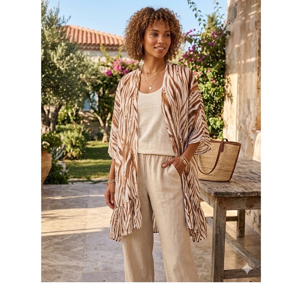 Maurices Zebra Print Ruffle Hem Kimono Wrap Brown White One Size Resortwear